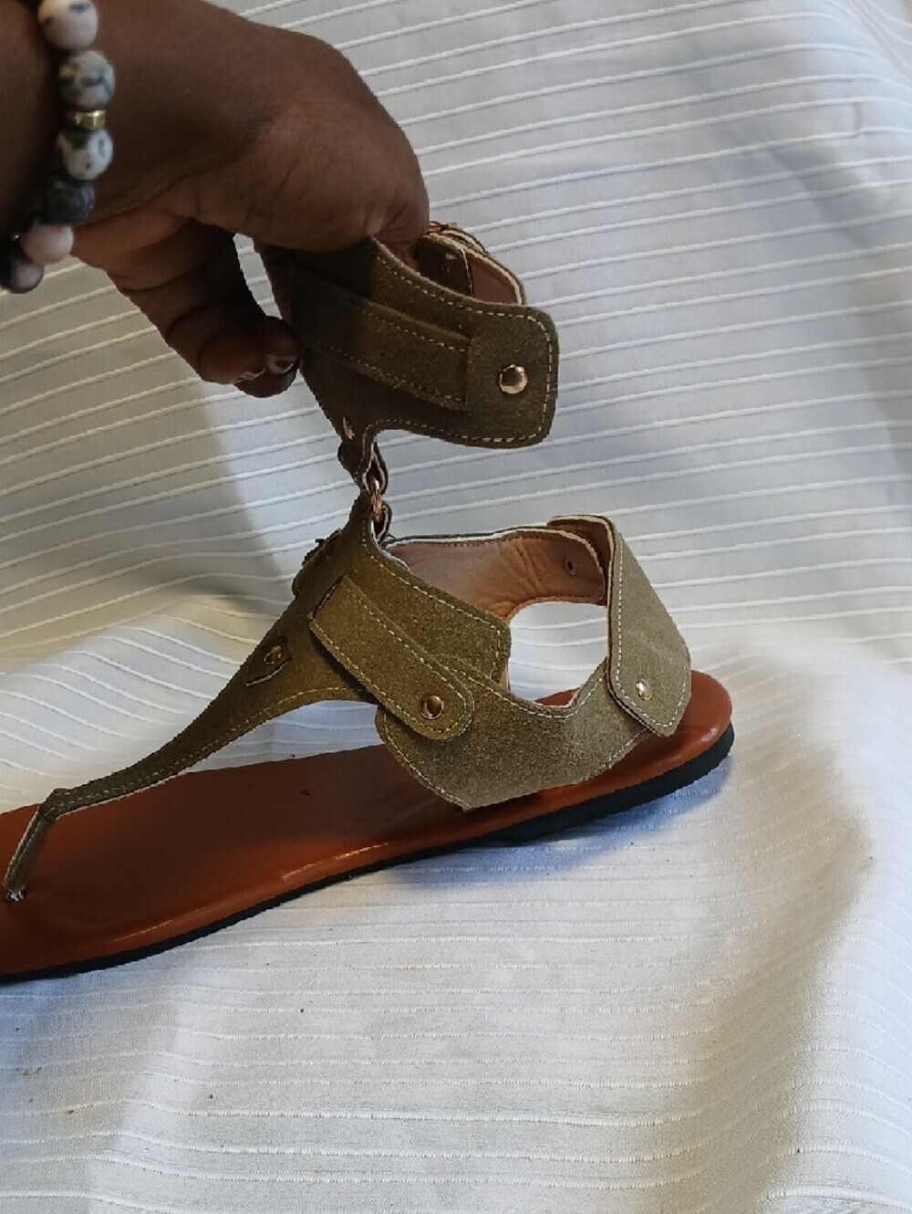 Women’s Olive Green T-Strap Sandal with Gold Buckle - Picture 3 of 5